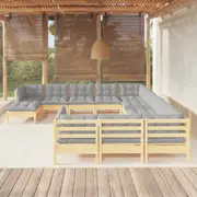 vidaXL 12 Piece Garden Lounge Set with Grey Cushions Pinewood