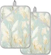 Large Pot Holder Heat Resistant Golden Pampas Grass Light Blue Watercolor Painting Style Potholders with Pocket Hot Pot Holders Pads Oven Mitts 2 Pack