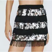 NWT NASTY GAL Fringe And Sequin Mix Mini Skirt Black Silver 4