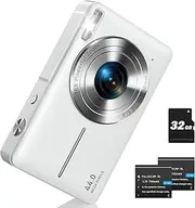 Digital Camera, Camkory FHD 1080P Point and Shoot Digital Camera 44MP Kids Camera 16X Digital Zoom, Anti Shake Small Travel Camera with 32GB SD Card, Two Batteries (White)