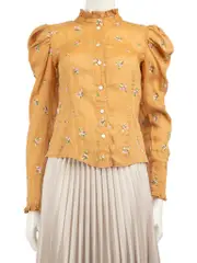 Camel Floral Ruffle Trimmed Shirt