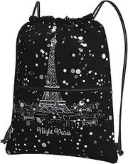 Night Paris Eiffel Tower Print Drawstring Backpack Gym Bags Sports Bags With Zipper Pocket For Travel Swimming Beach, Black, One Size