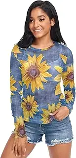 [RPLIFE] Yellow Sunflowers Blue Net Tops for Women, Sheer Sleeve Top S-XXL