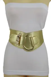 Women Gold Faux Leather Western Fashion Elastic Waistband Belt Hook Buckle L XL