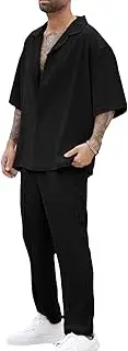 [HanzhuoLG] Men's Casual Two Piece Outfits Summer Solid Color Lapel Short Sleeve Shirt Pants 2 Pcs Set Small Black