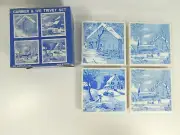 Currier & Ives 4" Ceramic Art Tiles Set of 4 Trivet Winter Country New in Box