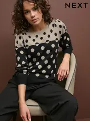 Black and Neutral Spot Crew Neck Long Sleeve Pattern Knitted Jumper (N21318) | $29