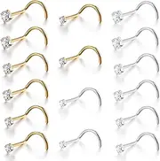 [YUXIANLB] 16 Pcs Twist Screw Nose Studs Surgical Stainless Steel Mix Color Diamond Silver Gold Screw Piercing Jewelry for Women Men Clear Studs 1.5mm 2mm 2.5mm 3mm Gift for Birthday Anniversary, Extra