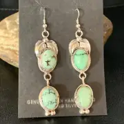 Green Handmade Navajo Spiderweb Turquoise Sterling Dangle Earrings 2" 13551