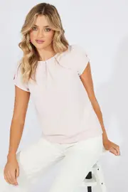 Pink Top Cap Sleeve Pleat Detail Workwear - Size 14, Women's Top