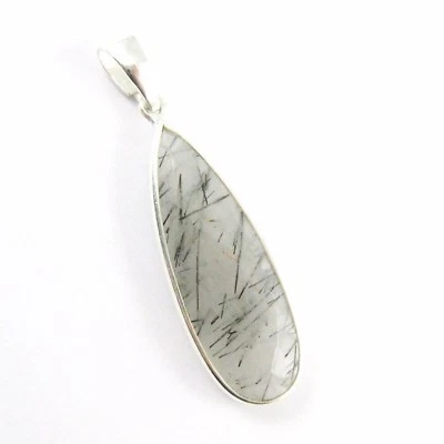 Bezel Gem Pendant with Bail-Black Rutilated Sterling Silver Long Teardrop 40mm