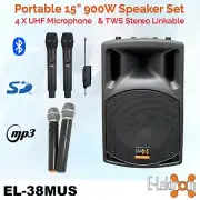 E-Lektron EL-38MUS 15 inch Portable Bluetooth Karaoke Speaker 4 UHF Microphones