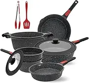 AIKENBBKK 10 Pcs Pots and Pans Set Nonstick, Cast Aluminum Kitchen Cookware Set with Lid/Frying Pans & Saucepans with Detachable Handle, Oven& Dishwasher Safe (Black)