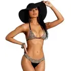 Leopard Print Bikini Top Thong Set Triangle Cups Halter Neck Ties Black 82484