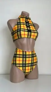 Schminke tartan plaids dance set pole-wear halter top high waisted bottoms
