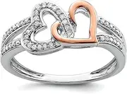 [JewelryWeb] 925 Sterling Silver Polished Prong set and 14k Rose Gold Diamonds Two Love Heart Ring Size 7 Statement-Ring for Women