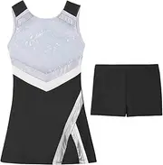 [Raenseen] Kids Girls Cheerleading Uniform Sequins Shiny Dress With Booty Shorts Sets School Show Dance Dress