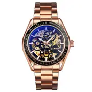 Rose Gold Automatic Skeleton Watch For Men With Steel Band