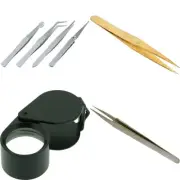 Precision Jewelry Repair Tool Set: 4 Tweezers, 10x Loupe, Fine Tip Steel Tweezer