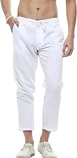 [Maiyifu-GJ] Mens Linen Drawstring Capri Pants Casual Straight Fit Beach Yoga Trousers Lightweight Elastic Waist Loose Pant