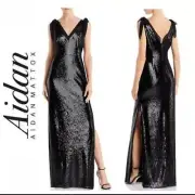AIDAN MATTOX Womens Black Sequined Pattern VNeck Full-Length Sheath Dress Size 4