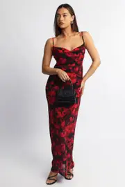Red Floral Maxi Dress Cowl Neck - Size 16XL, Women's Midi Dress