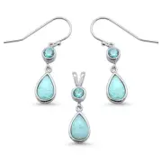 Natural Larimar Pear Shape & Aquamarine Dangle Earring & Pendant .925 Sterling S