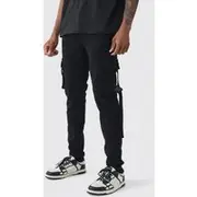 Mens Tall Skinny Overdyed Strap Detail Cargo Trouser In Black