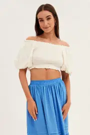 White Shirred Top Volume Short Sleeve Crop Linen Blend - Size 16, Women's Crop Top
