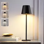Modern LED Cordless Table Lamp, Rechargeable Black Desk lamp 5000mAh Battery Operated Table Light 3 Color Dimming Metal Shell Touch Lamps for Bedrooms Restaurant Bedroom Bars Party Camping Coffee Shop