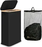 iEGrow 60L Slim Laundry Basket with Lid,Hampers for Laundry,Narrow Laundry Hamper with Removable Inner Bag & Bamboo Handles,Tall Thin Clothes Hamper for Clothes Toys Towels Organization（Black ）
