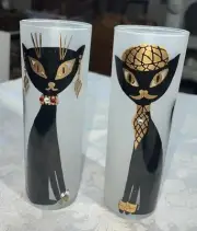 PAIR MID CENTURY MOD LIBBEY FROSTED COOL CAT HIGHBALL /TUMBLER GLASSES MAN/LADY