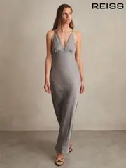 Reiss Grey Vesper Crushed Satin Tie Back Slip Dress (F67632) | $440