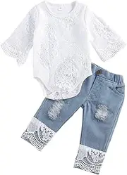 [LYSINK] Newborn Baby Girl Clothes Set Lace Hollow Out Long Sleeve Romper and Ripped Patchwork Jeans Infant Cute 2Pcs Outfits