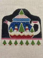 Hand Painted Needlepoint Canvas 18 CT XMAS TEA POT ORNAMENT WITH SNOWMEN