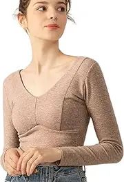 [Generic] Thermal Underwear for Women,Warm Winter Clothing - Long Sleeve V Neck Underwear, Built in Bra, Soft Thick Top for Cold Weather
