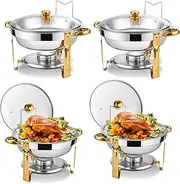 Posuu Chafing Dish Buffet Set 4 Pack, 5QT Round Chafing Dishes for Buffet with Glass Lid & Lid Holder, Stainless Steel Chafers and Buffet Warmers Sets for Catering, Parties and Weddings, Gold