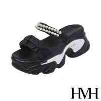 在飛比找momo購物網優惠-【HMH】坡跟拖鞋 厚底拖鞋 一字拖鞋/優雅緞面一字帶珍珠鍊