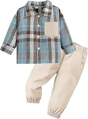 [Momkonzz] Toddler Boy Clothes Set Plaid Long Sleeve Shirt Tops Trousers Outfits Little Boys Clothing Sets 12M-5Y