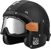 3/4 Half Helmet Open Face Motorcycle Half Helmet Retro Motorcycle Helmet Jet Helmet with Goggles Retro Cruiser Chopper Scooter Open Face Helmet DOT/ECE Approved A,M=57-58cm