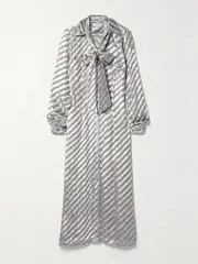 [Dries Van Noten] Dries Van Noten - Tie-neck Striped Devoré-velvet Maxi Dress - Silver - FR 42 FR 42 Silver