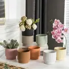 Creative Ceramic Flowerpot Sturdy Vertical Striped Planter Desktop Decoration