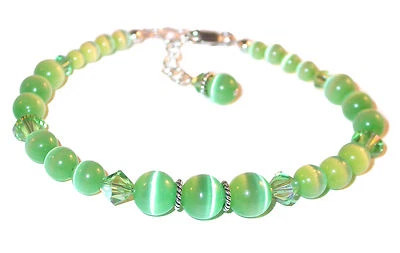 Peridot GREEN Crystal & Cats Eye Bracelet Sterling Silver Swarovski Elements