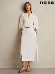 Reiss Ivory Niara Poplin Belted Split Midi Skirt (AP8484) | $280