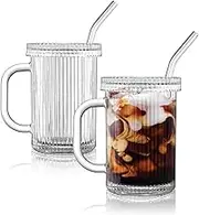 Set of Two Glass Tumbler, with Straw and Lid, 13 oz Glass Cups, with Handle and Cleaning Brush for Drinks, Juice, Coffee