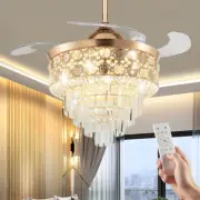 42" Crystal Invisible Ceiling Fan Light Dining Room Chandelier Lamp With Remote