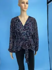 NWT Ted Baker Tariaa Smocked Wrap Top with Blouson Sleeves Dark Navy Size 2