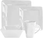 [American Atelier] 6944-16-RB Kingsley Casual Square Dinnerware Set – 16-Piece Stoneware Party Collection w/ 4 Dinner Salad Plates, 4 Bowls & 4 Mugs – Unique Gift Idea, White-16