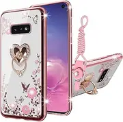 for Samsung Galaxy S10e Case, Galaxy S10e Case for Women Glitter Crystal Soft Bling Cute Butterfly Heart Floral Clear Protective Cover with Kickstand+Strap for Samsung Galaxy S10e (2019) (Rose Gold)