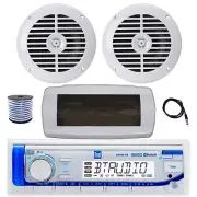 Dual Bluetooth Marine Receiver, Cover, Antenna,Wire, 2x 6.5" 120W White Speakers